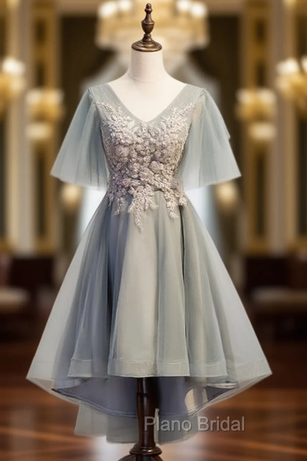 Gray Tulle Hig Lo V-neck Short Sleeve Beading Formal Prom Dresses