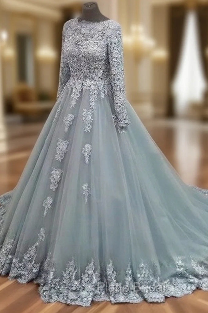 Gray Tulle Lace Applique Long Formal Prom Dresses, Gray Evening Dresses Main image