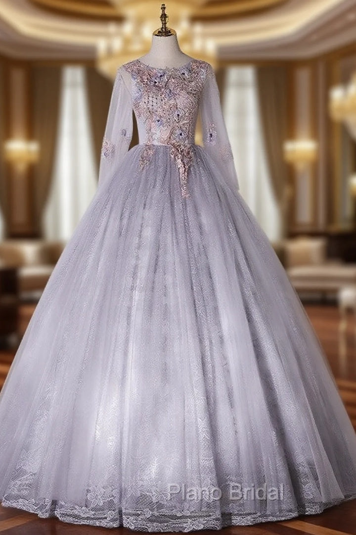 Gray Tulle Lace Appliques Long Sleeve Quinceanera Dresses
