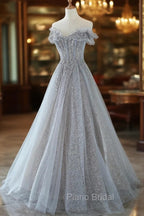 Gray Tulle Lace Floor Length Evening Dresses, Off the Shoulder Formal Prom Dresses