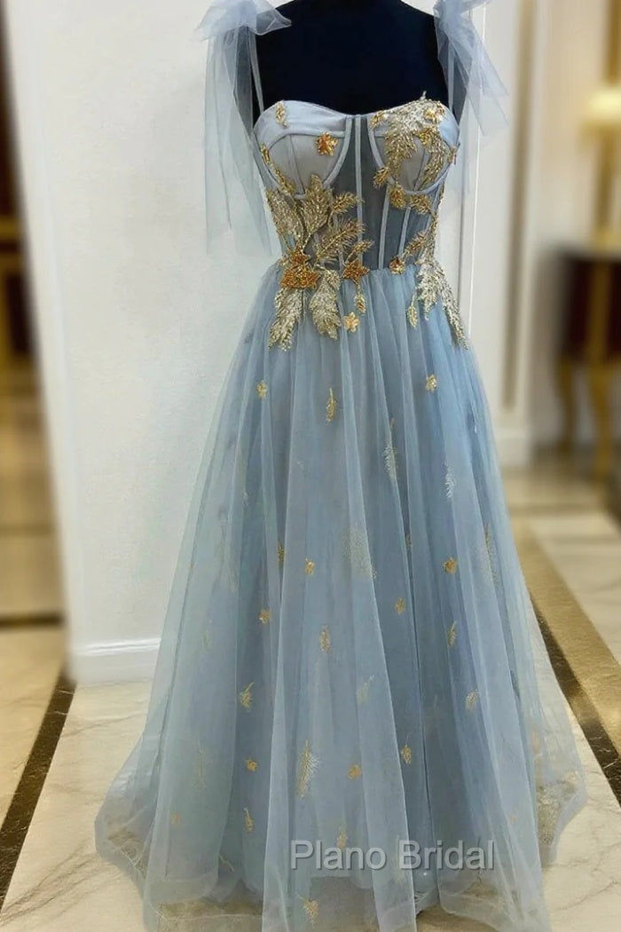 Gray Tulle Lace Long Formal Prom Dresses, A-Line Spaghetti Straps Evening Dresses Main image