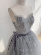 Gray Tulle Lace Long Formal Prom Dresses, Gray Ball Gown Formal Dresses