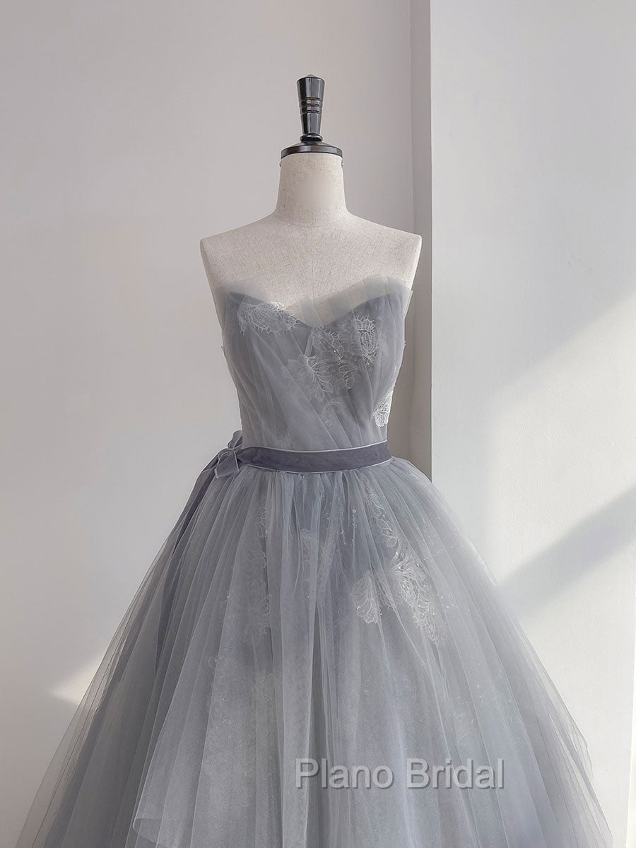 Gray Tulle Lace Long Formal Prom Dresses, Gray Ball Gown Formal Dresses