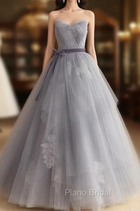 Gray Tulle Lace Long Formal Prom Dresses, Gray Ball Gown Formal Dresses