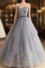 Gray Tulle Lace Long Formal Prom Dresses, Gray Ball Gown Formal Dresses