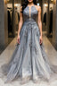 Gray tulle lace long Formal Prom dress gray tulle lace formal dress
