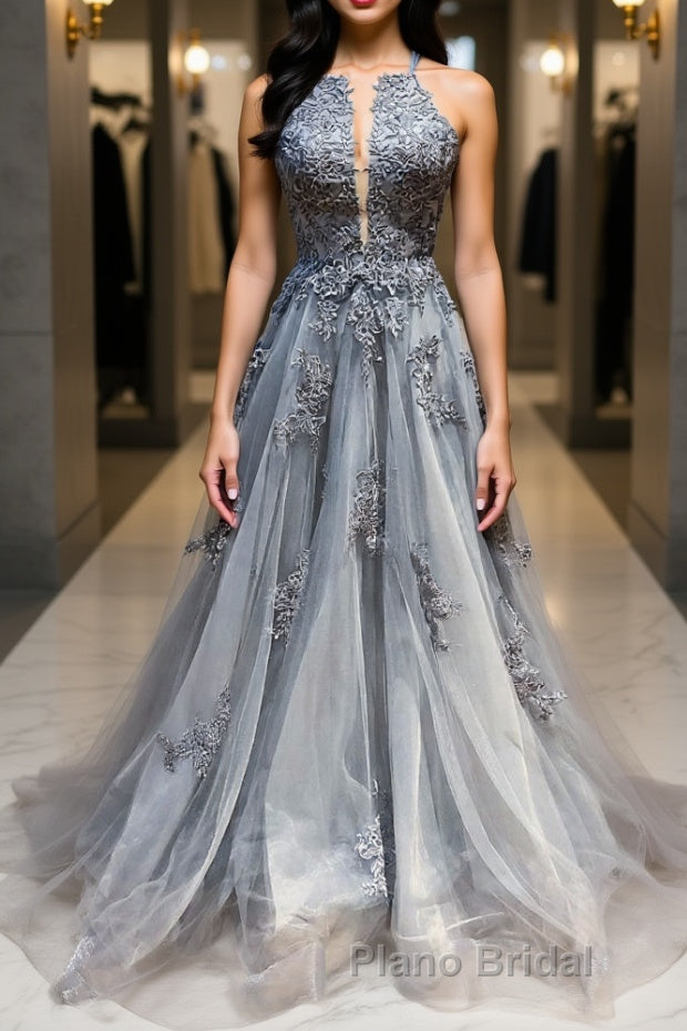 Gray tulle lace long Formal Prom dress gray tulle lace formal dress Main image