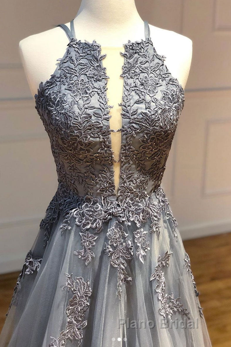 Gray tulle lace long Formal Prom dress gray tulle lace formal dress