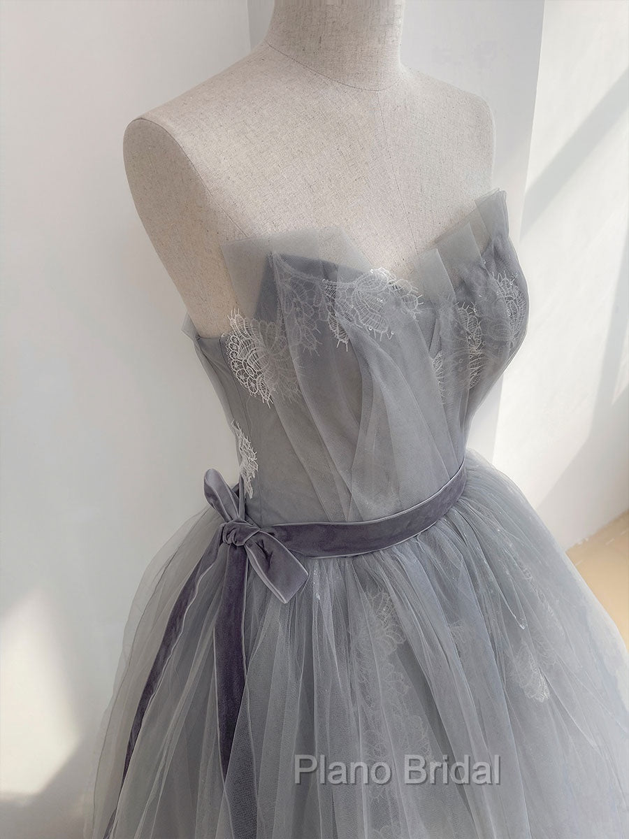 Gray Tulle Lace Long Formal Prom Dresses, Gray Tulle Sweet 16 Dresses Secondary image