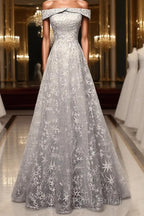 Gray tulle lace long Formal Prom dress, lace tulle bridesmaid dress