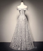 Gray tulle lace long Formal Prom dress, lace tulle bridesmaid dress