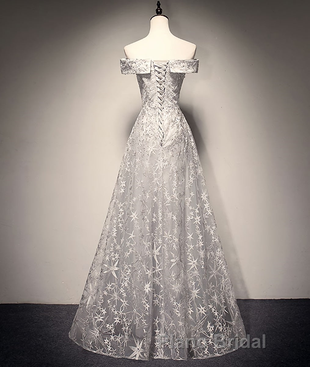 Gray tulle lace long Formal Prom dress, lace tulle bridesmaid dress