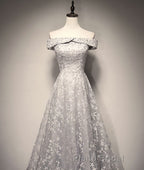 Gray tulle lace long Formal Prom dress, lace tulle bridesmaid dress