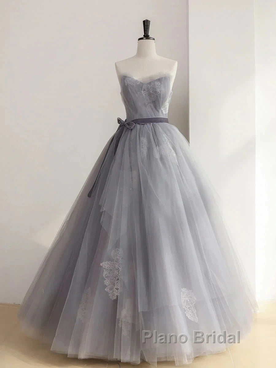 Gray Tulle Lace Long Formal Prom Dresses Sweet 16 Dresses A Line Off Shoulder December Wedding Guest Dresses