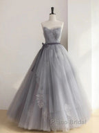 Gray Tulle Lace Long Formal Prom Dresses Sweet 16 Dresses A Line Off Shoulder December Wedding Guest Dresses