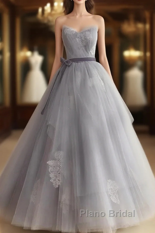 Gray Tulle Lace Long Formal Prom Dresses Sweet 16 Dresses A Line Off Shoulder December Wedding Guest Dresses