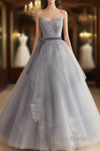 Gray Tulle Lace Long Formal Prom Dresses Sweet 16 Dresses A Line Off Shoulder December Wedding Guest Dresses