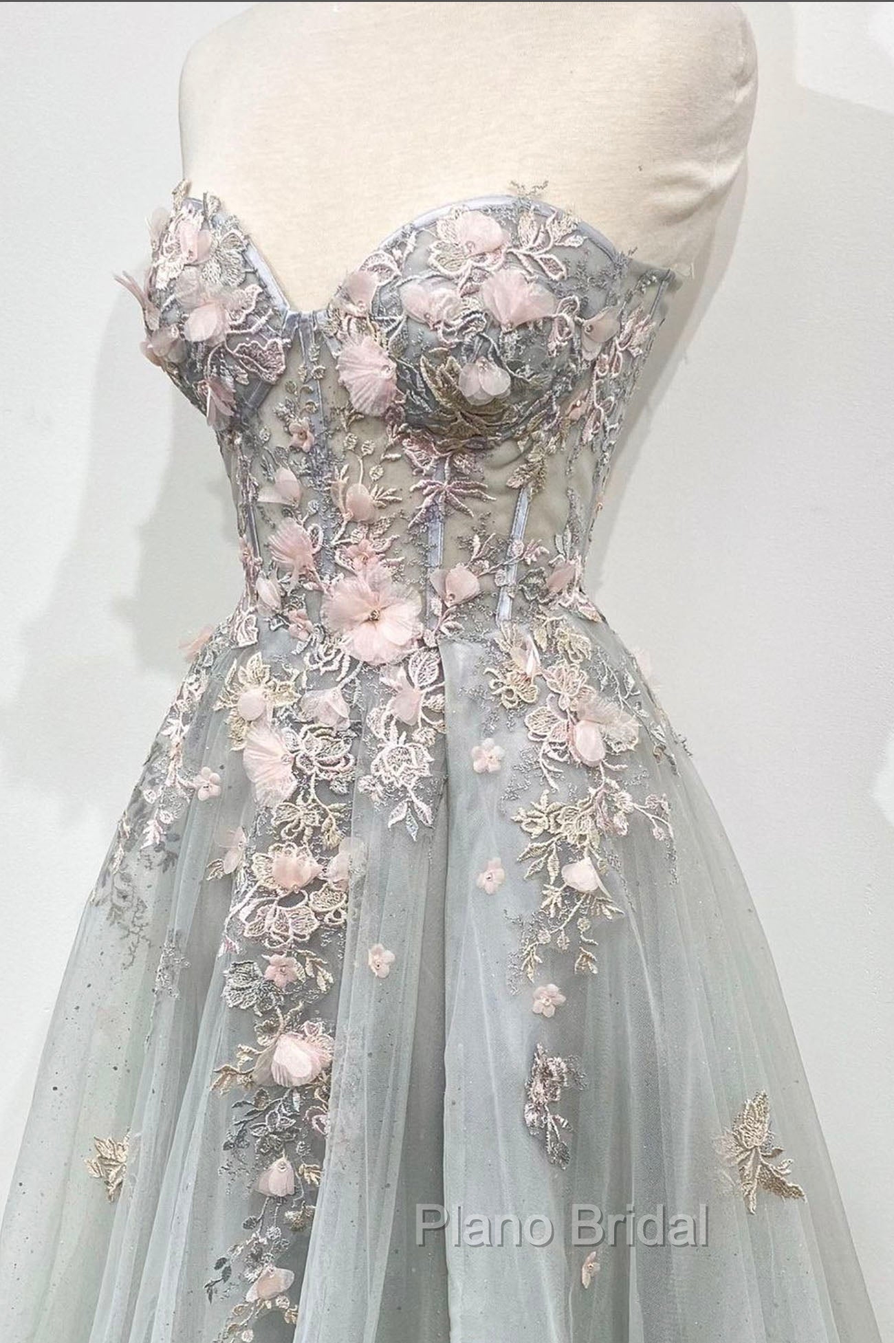 Gray Tulle Lace Long Strapless Formal Prom Dresses, A-Line Formal Evening Dresses Secondary image