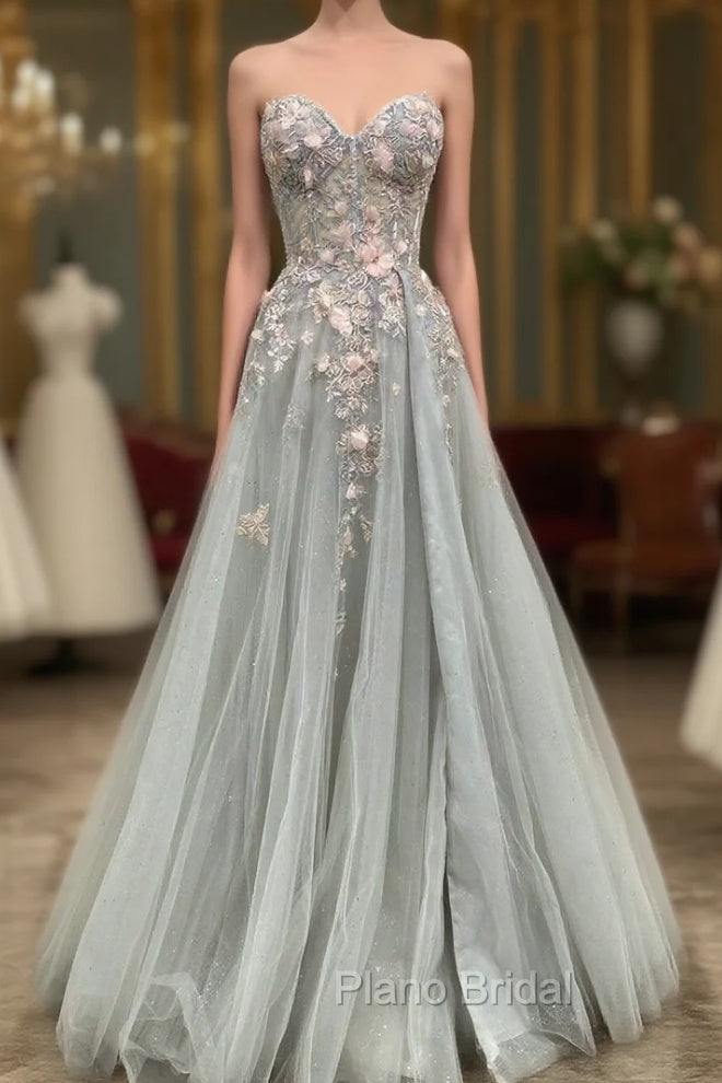 Gray Tulle Lace Long Strapless Formal Prom Dresses, A-Line Formal Evening Dresses Main image