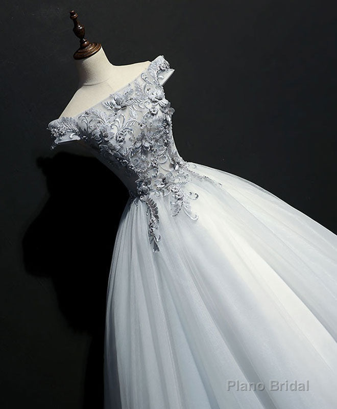 Gray Tulle Lace Off Shoulder Long Prom Gown Tulle Lace Evening Dress Secondary image
