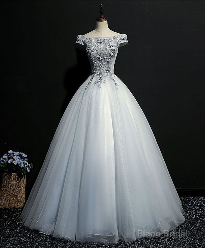 Gray Tulle Lace Off Shoulder Long Prom Gown Tulle Lace Evening Dress Main image