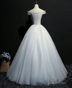 Gray Tulle Lace Off Shoulder Long Prom Gown Tulle Lace Evening Dress
