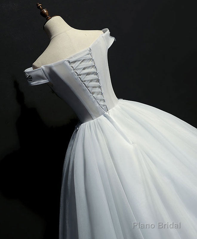 Gray Tulle Lace Off Shoulder Long Prom Gown Tulle Lace Evening Dress