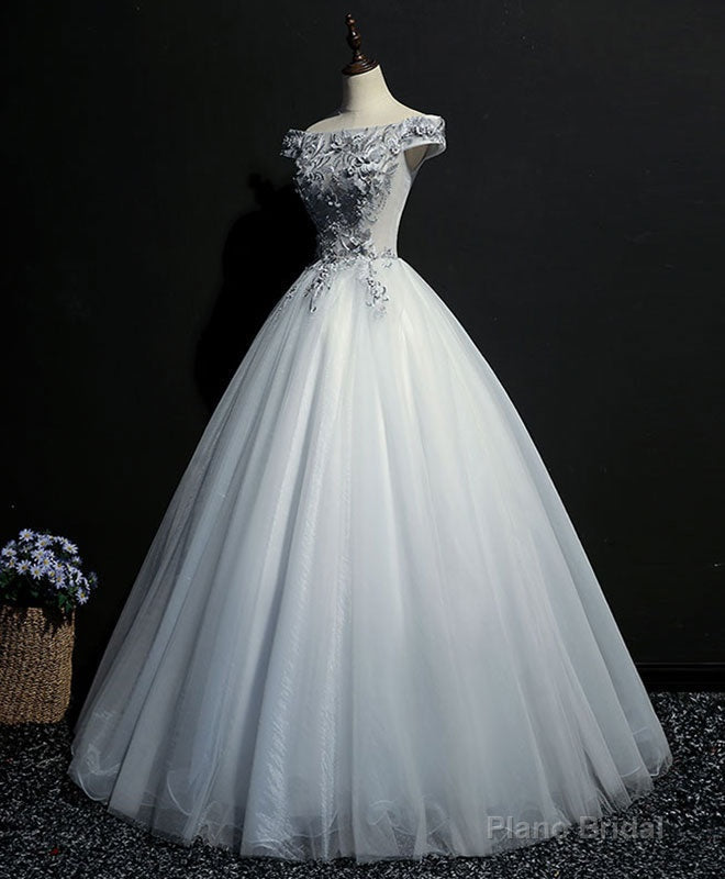 Gray Tulle Lace Off Shoulder Long Prom Gown Tulle Lace Evening Dress