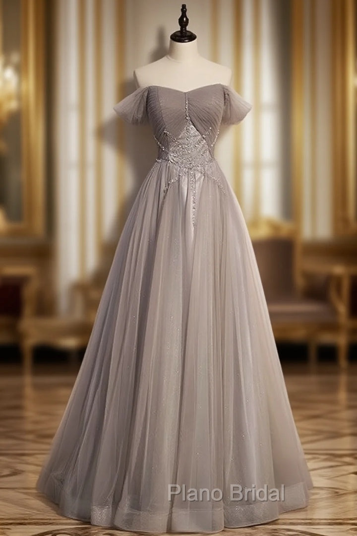 Gray Tulle Lace Pleats Beading Formal Prom Dresses