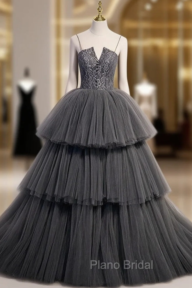 Gray Tulle Lace Spaghetti Straps Formal Prom Dresses