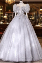 Gray Tulle Long A-Line Ball Gown, Gray Short Sleeve Evening Gown