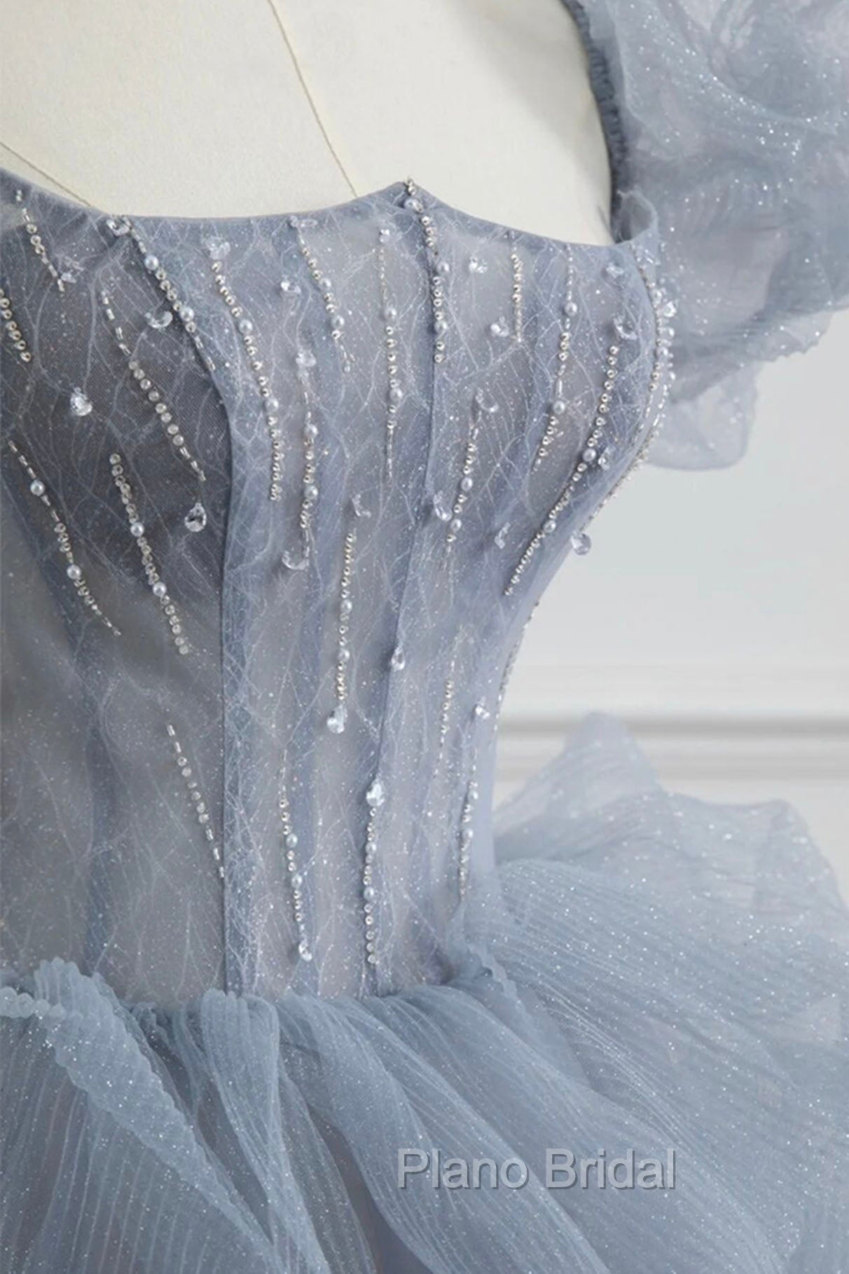 Gray Tulle Long A-Line Formal Prom Dresses, Gray Short Sleeve Evening Dresses