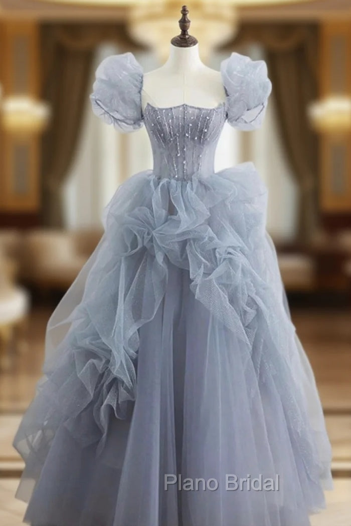 Gray Tulle Long A-Line Formal Prom Dresses, Gray Short Sleeve Evening Dresses Main image