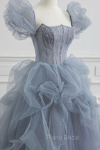 Gray Tulle Long A-Line Formal Prom Dresses, Gray Short Sleeve Evening Dresses