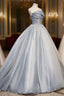 Gray Tulle Long A-Line Formal Prom Dresses, Gray Strapless Formal Evening Gown