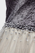 Gray Tulle Long A-Line Formal Prom Dresses, V-Neck Spaghetti Straps Evening Dresses