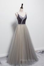 Gray Tulle Long A-Line Formal Prom Dresses, V-Neck Spaghetti Straps Evening Dresses