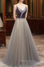 Gray Tulle Long A-Line Formal Prom Dresses, V-Neck Spaghetti Straps Evening Dresses