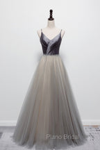 Gray Tulle Long A-Line Formal Prom Dresses, V-Neck Spaghetti Straps Evening Dresses
