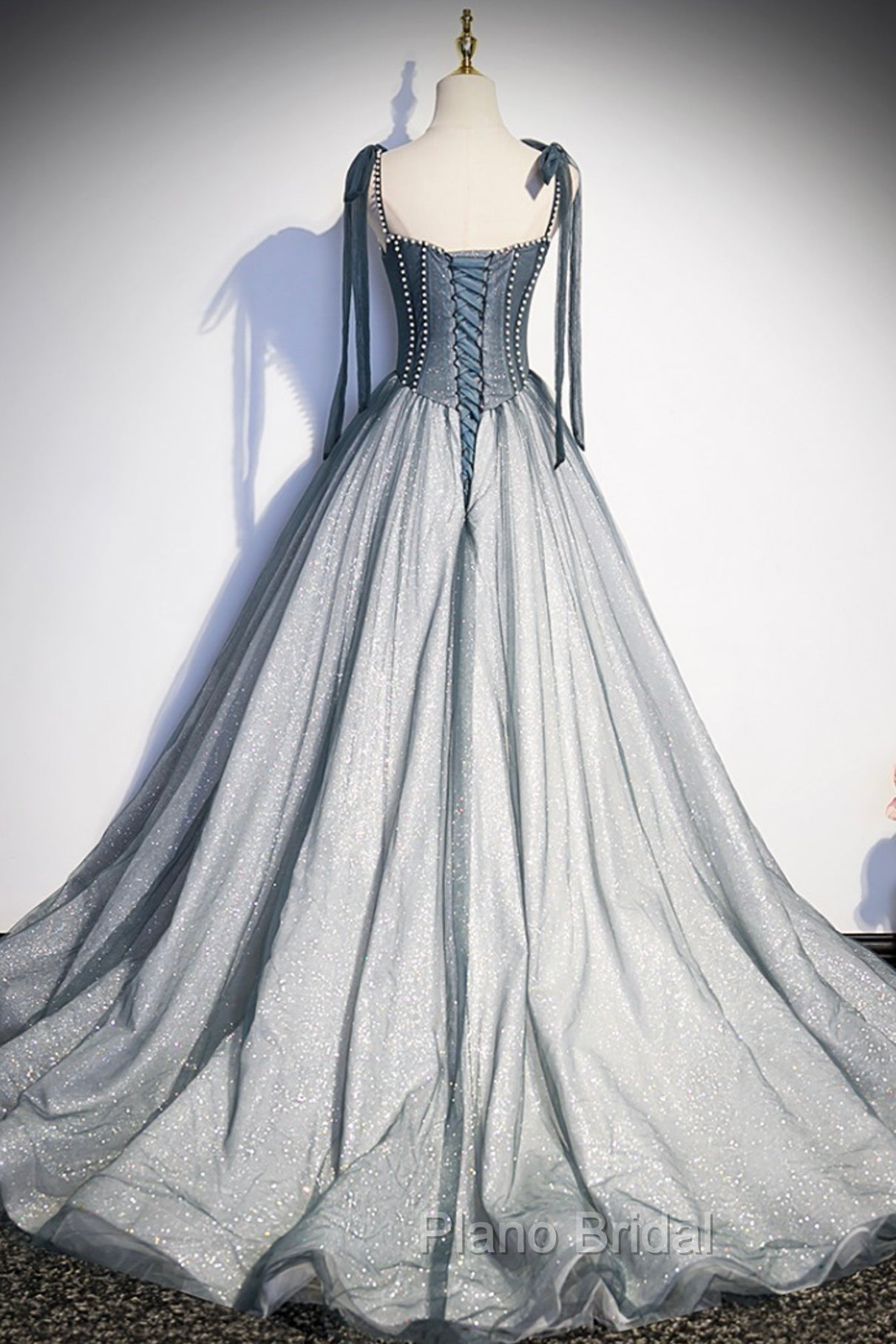 Gray Tulle Long A-Line Formal Prom Dresses with Beaded, Spaghetti Straps Gray Evening Dresses
