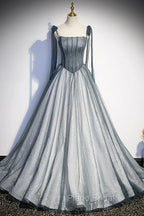 Gray Tulle Long A-Line Formal Prom Dresses with Beaded, Spaghetti Straps Gray Evening Dresses