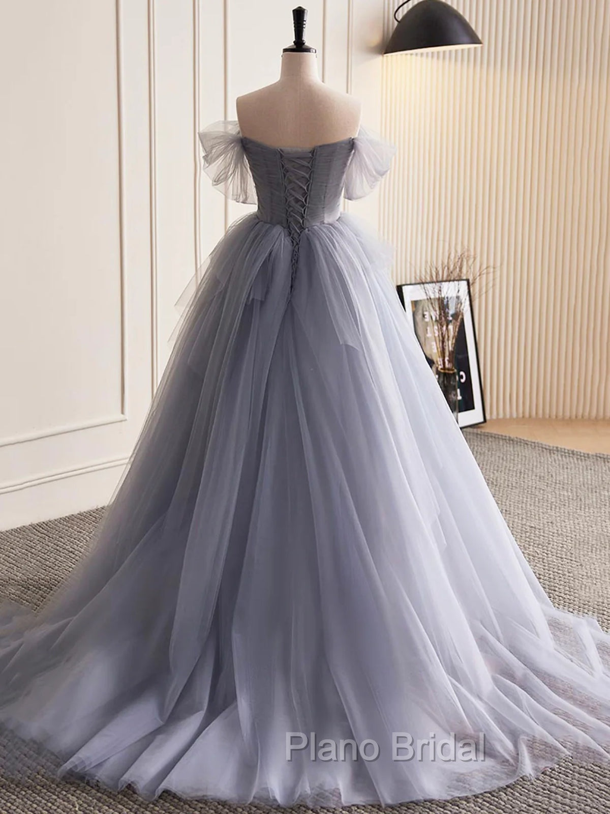 Gray Tulle Long Floral Formal Prom Dresses, Gray Tulle Long Lace Formal Evening Dresses
