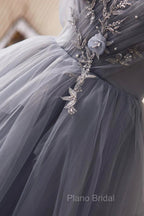 Gray Tulle Long Formal Prom Dresses, Off Shoulder Evening Dresses Party Dresses