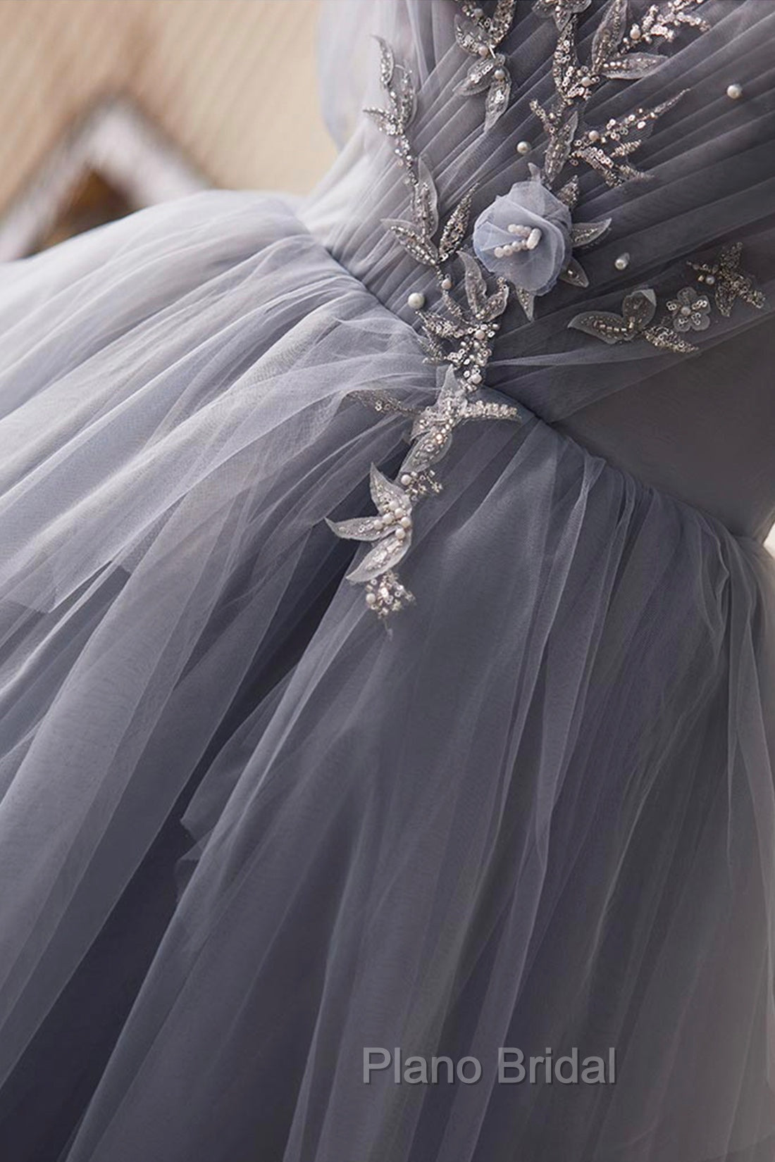 Gray Tulle Long Formal Prom Dresses, Off Shoulder Evening Dresses Party Dresses