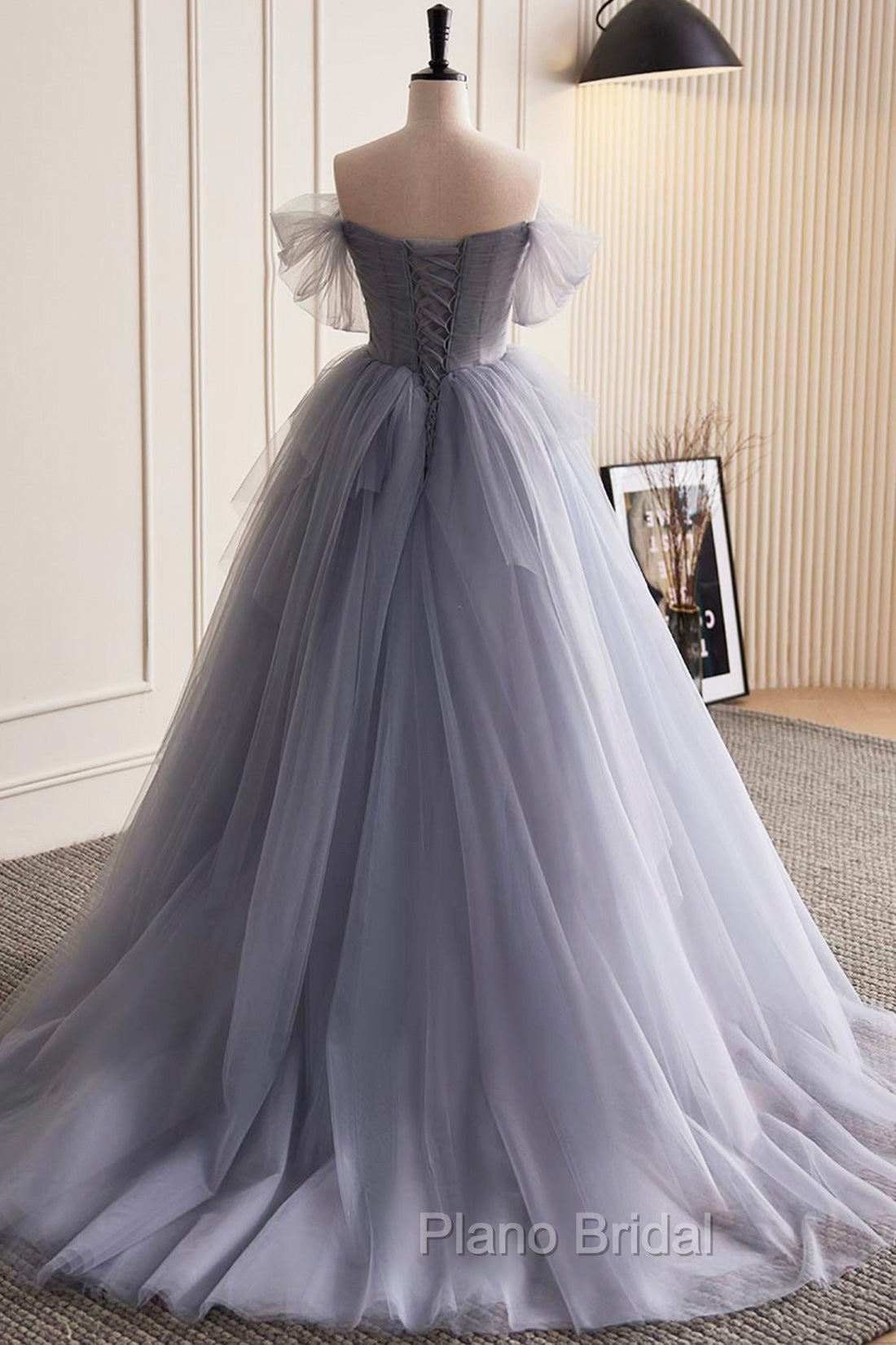 Gray Tulle Long Formal Prom Dresses, Off Shoulder Evening Dresses Party Dresses