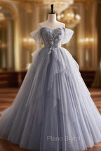 Gray Tulle Long Formal Prom Dresses, Off Shoulder Evening Dresses Party Dresses