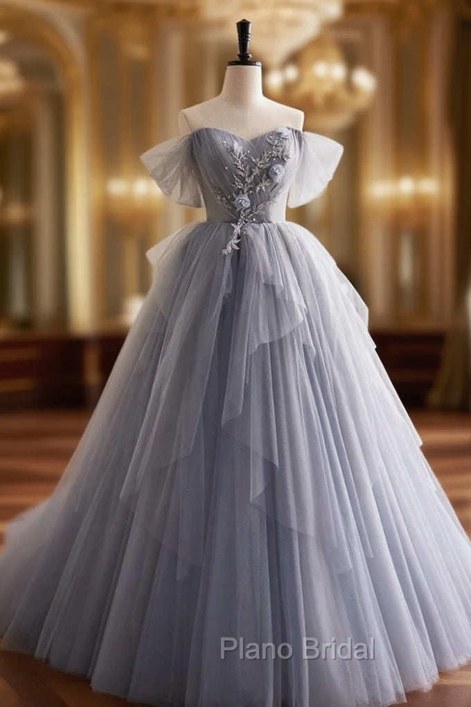 Gray Tulle Long Formal Prom Dresses, Off Shoulder Evening Dresses Party Dresses