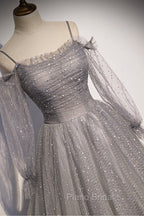 Gray Tulle Long Sleeve A-Line Formal Prom Dresses, Spaghetti Straps Formal Evening Dresses