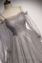 Gray Tulle Long Sleeve A-Line Formal Prom Dresses, Spaghetti Straps Formal Evening Dresses