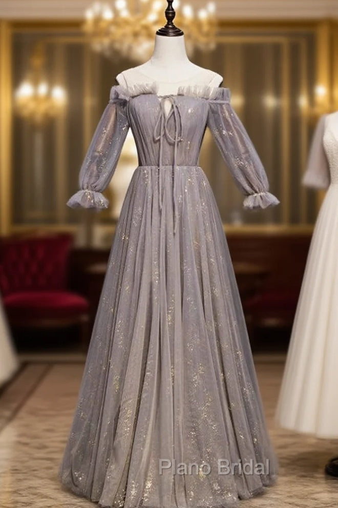 Gray Tulle Long Sleeve Pleats Cold Shoulder Formal Prom Dresses Main image